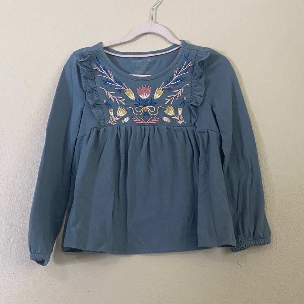 Shabby Chic Blue Kids Blouse with Floral Embroidery